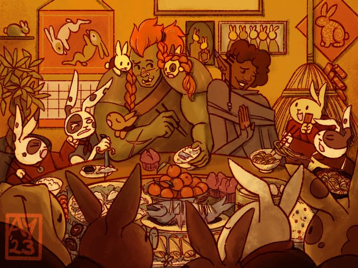 Lunar New Year scene depicting an adventuring party feasting with a family of rabbit folk. An orc warrior shyly watches three young rabbits climb all over her and play with her hair while she eats. An elven figure with dark skin and half-braided hair tries to politely decline more noodles from a rabbit in an apron A spotted rabbit is chastised by his mother for bringing a dagger to the table, and this seems to be his family the party is eating with. Family members surround the round table full of food like fish, oranges, dumplings, and spring rolls. On the wall behind the characters is a large calendar, old family photos, a broom, a money tree, and a festive red diamond decoration with firecrackers hanging below it.