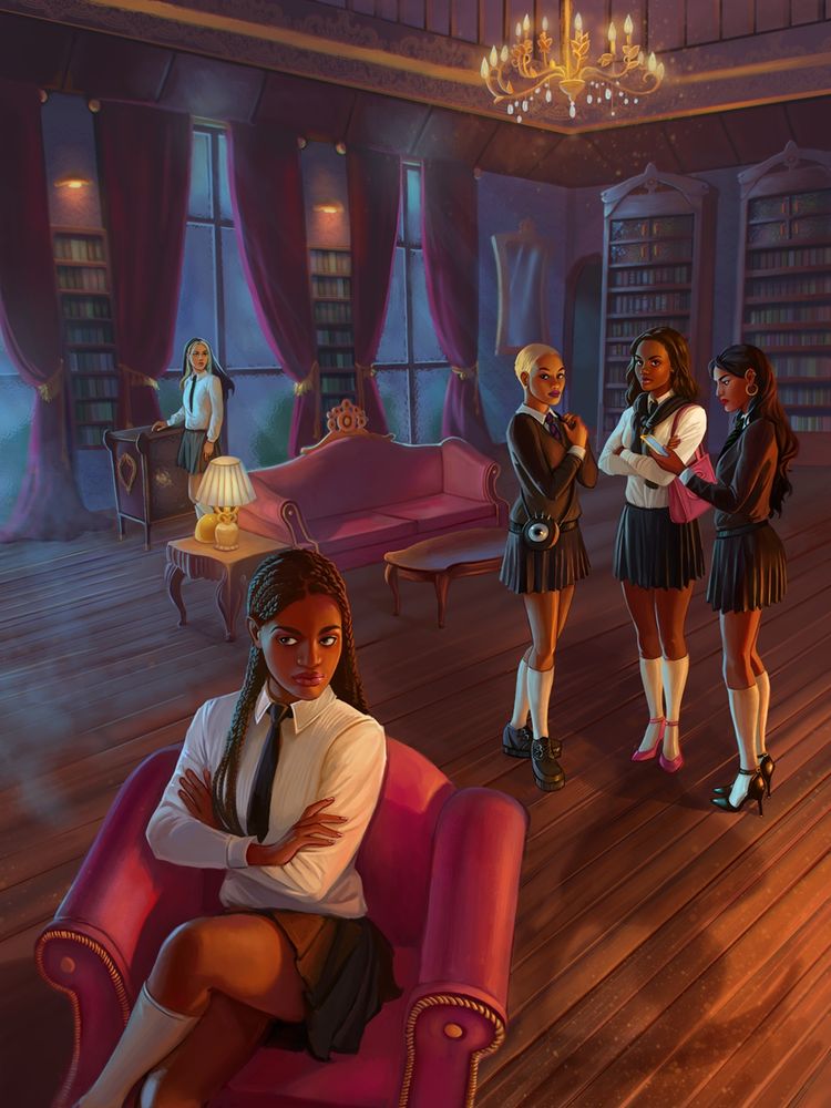Illustration by Nicole Deal (@nicoledeal.bsky.social) of a dark skinned girl sitting with arms crossed on a pink chair while three other dark skinned girls stand chatting nearby. Another student stands alone by a window. They are all wearing school uniforms in a dimly lit room with tall bookshelves and a chandelier.