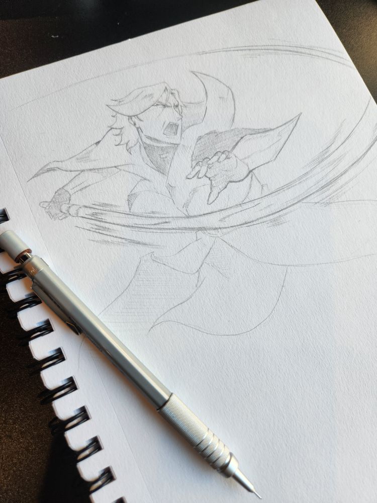 Sketch book drawing of Leon pulling his whip back in a dynamic motion