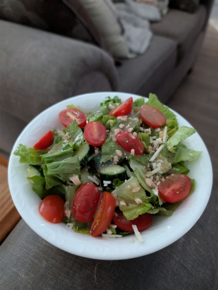 A picture of Kelsey's lunch. It's just the salad featuring cherry tomatoes, English cucumbers, romaine and leaf lettuce, parmesan and feta cheese, and a homemade Greek sauce. 