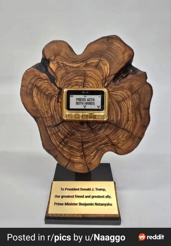 a gilded pager affixed to a log cross-section in the form of a trophy presented to Donald Trump by Benjamin Netanyahu, which presumably plays some kind of schlocky MIDI version of the national anthem when you press its buttons, or something