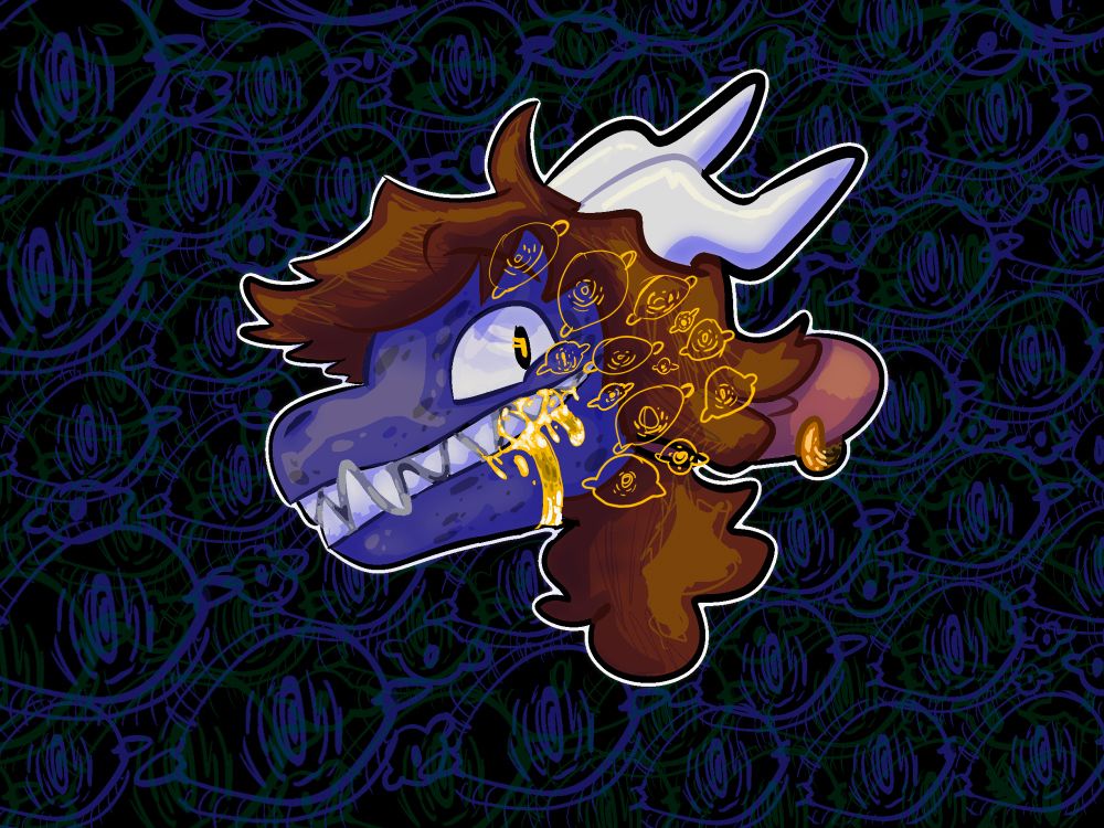 headshot of my character Eldermoon Battleglory! they have eye- shapes around their face and there is shiny yellow stuff dripping out their mouth. there are eyes in the background 