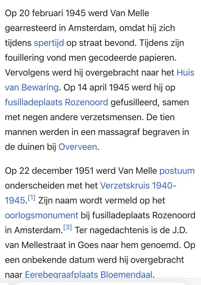 Wikipedia tekst met korte biografie over de rol van Joba Daniël van Melle in het verzet tijdens WO2