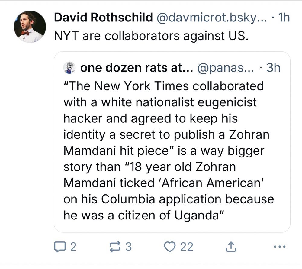 Foto van een retweet van een bericht over een artikel in the NYT krant, waarbij wordt beweerd dat de schrijver een eugenist is die door de krant wordt beschermd, terwijl hij de running mayor van NY beschrijft als van Aziatische en Afrikaanse afkomst, op basis van persoonlijke data die niet publiekelijk beschikbaar zijn 