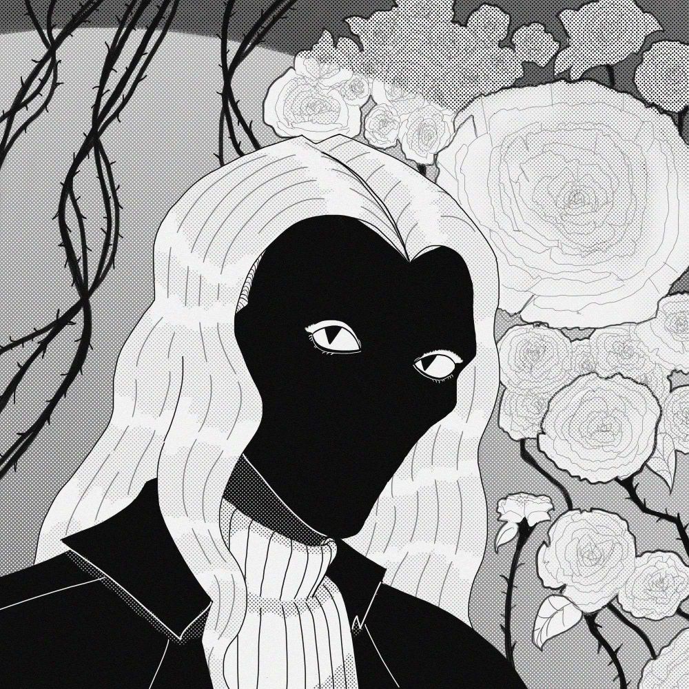 Monochromatic profile illustration of a man with white wavy hair and obsidian colored skin wearing a white turtle neck sweater and a black overcoat in front of white roses and thorns.