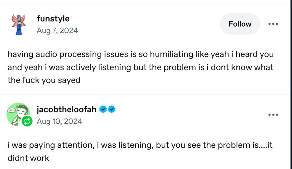 Two Tumblr posts. The first says, "Having audio processing issues is so humiliating like yeah I heard you and yeah I was actively listening but the problem is I don't know what the fuck you sayed." The second says, "I was paying attention, I was listening, but you see the problem is...it didn't work."