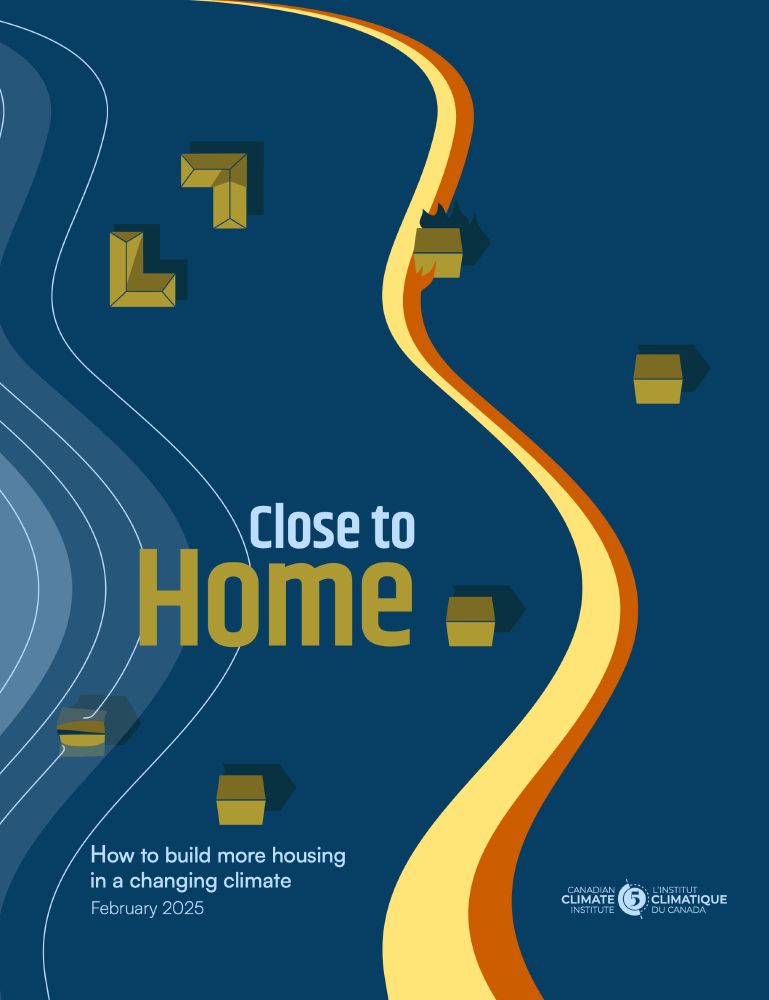 Cover page of the Close to Home report. 
How to build more housing in a changing climate.
A view from above with illustrated gold-colored rooftops of habitations on a blue background. Blue curves coming from the left represent water and floods and touch one of the house. A yellow and orange curve on the right represents water and goes through one of the houses.
Logo: Canadian Climate Institute.