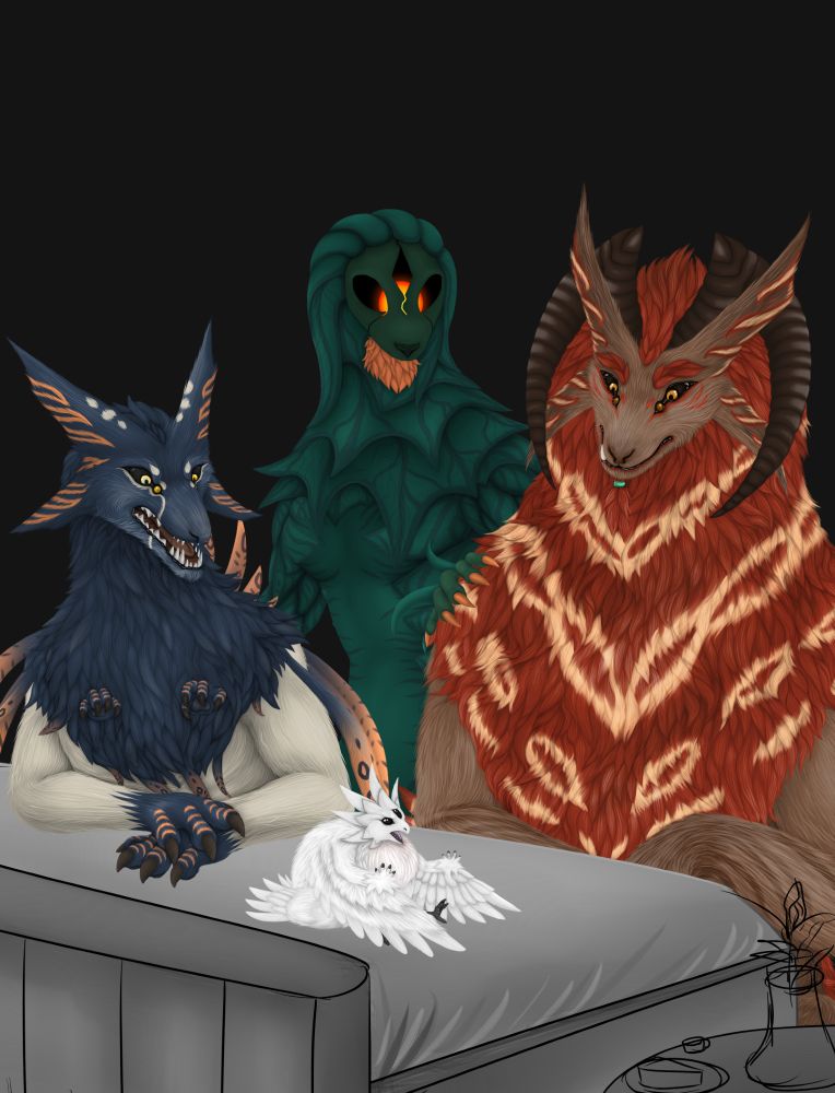 Two lycan creatures and the grim reaper listening to an alien birb angrily explaining something. 