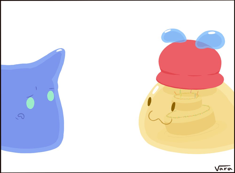 On the left, a blue slime character is looking at the previous character on the right with judgment.