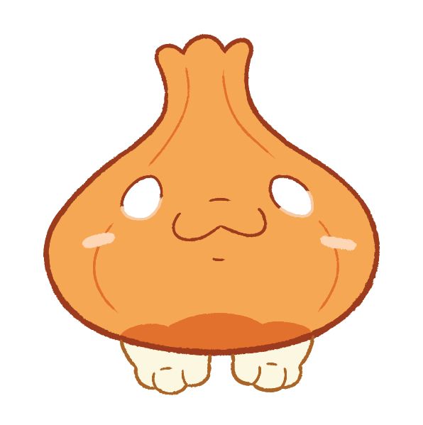 Illustration of an orange, anthropomorphic onion-like character.