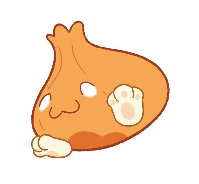 Illustration of an orange, anthropomorphic onion-like character.