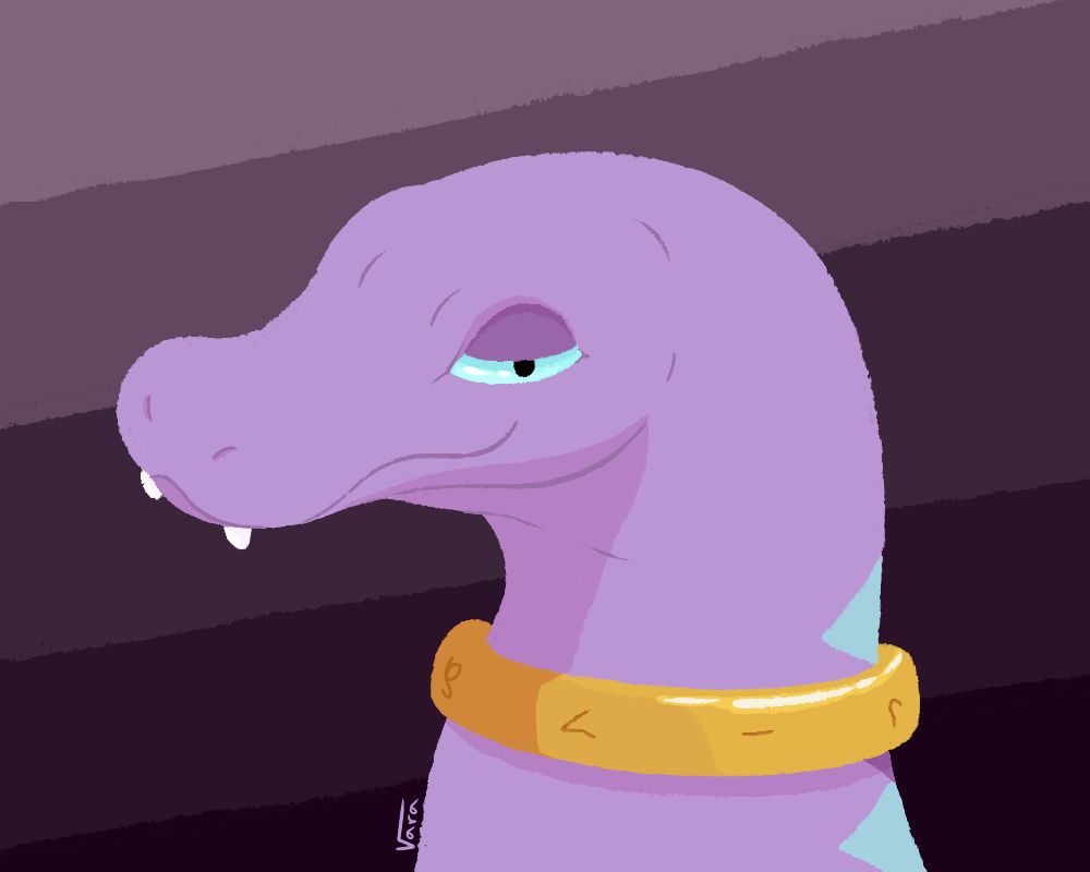 Portrait illustration of a stylized lizard-like character. It has a ring with inscriptions on its neck