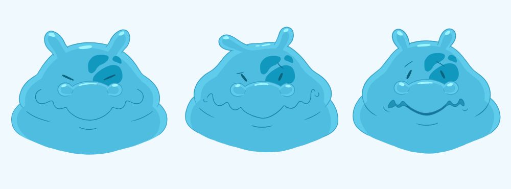 3 Illustrations of various facial expressions of a slug-like slime character