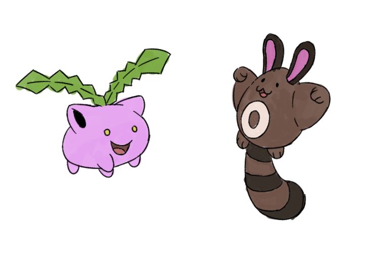 Illustrations of the Pokémon characters Hoppip and Sentret