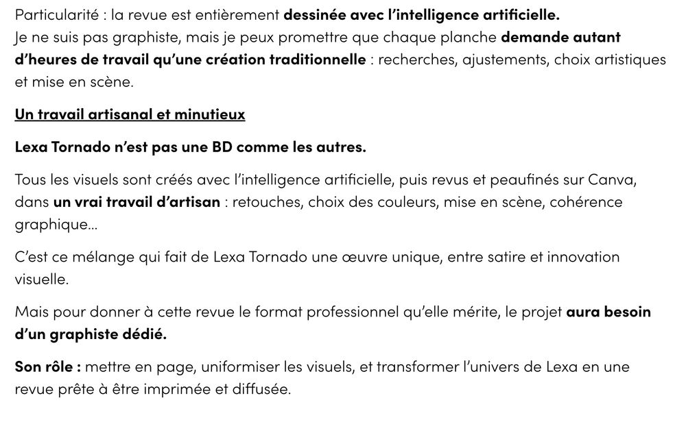 Particularité : la revue est entièrement dessinée avec l’intelligence artificielle.

Je ne suis pas graphiste, mais je peux promettre que chaque planche demande autant d’heures de travail qu’une création traditionnelle : recherches, ajustements, choix artistiques et mise en scène.

Un travail artisanal et minutieux

Lexa Tornado n’est pas une BD comme les autres.

Tous les visuels sont créés avec l’intelligence artificielle, puis revus et peaufinés sur Canva, dans un vrai travail d’artisan : retouches, choix des couleurs, mise en scène, cohérence graphique…

C’est ce mélange qui fait de Lexa Tornado une œuvre unique, entre satire et innovation visuelle.

Mais pour donner à cette revue le format professionnel qu’elle mérite, le projet aura besoin d’un graphiste dédié.

Son rôle : mettre en page, uniformiser les visuels, et transformer l’univers de Lexa en une revue prête à être imprimée et diffusée.

