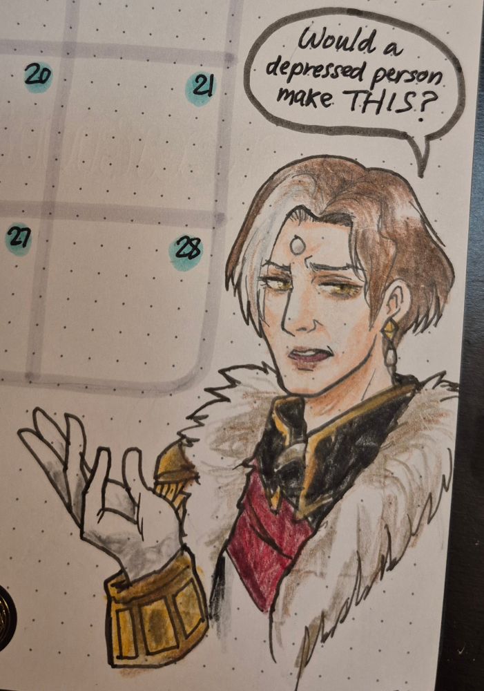 An ink and colored pencil drawing of Solus zos Galvus gesturing tiredly at the viewer and asking "Would a depressed person make THIS?"