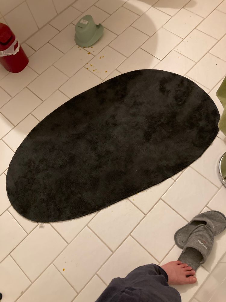 ein kleiner runder Teppich auf weißem Fliesenboden. Im Hintergrund liegt ein heruntergefallenes Banytöpfchen kopfüber und wenn man genau hinsieht dann bemerkt man dass überall am Boden Kacke in kleinen Tröpfchen herumliegt