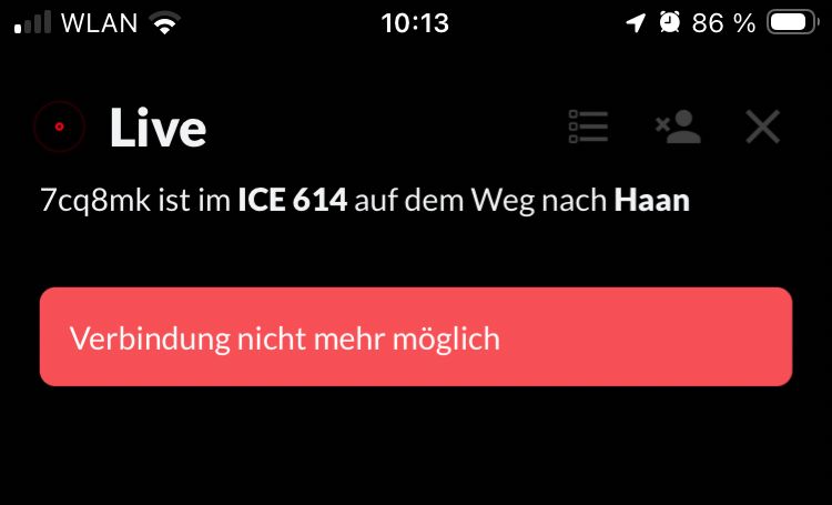 7cq8mk ist im ICE 614 auf dem Weg nach Haan

Verbindung nicht mehr möglich