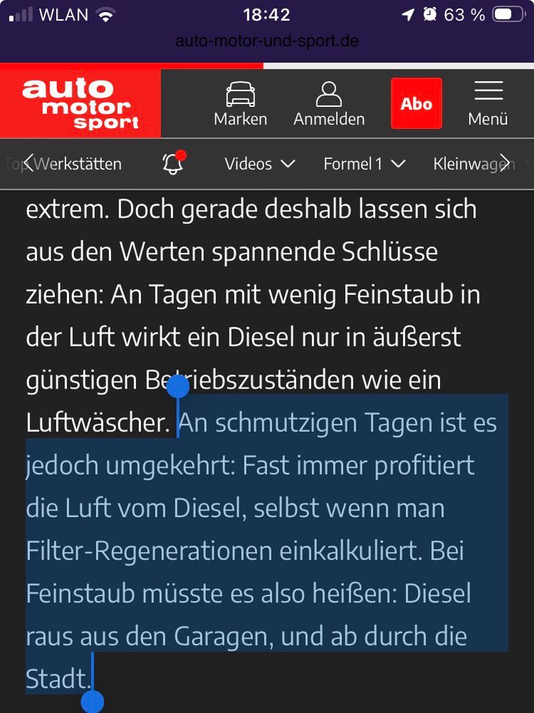 Doch gerade deshalb lassen sich aus den Werten spannende Schlüsse ziehen: An Tagen mit wenig Feinstaub in der Luft wirkt ein Diesel nur in äuferst günstigen Betriebszuständen wie ein Luftwäscher. An schmutzigen Tagen ist es jedoch umgekehrt: Fast immer profitiert die Luft vom Diesel, selbst wenn man Filter-Regenerationen einkalkuliert. Bei Feinstaub müsste es also heifsen: Diesel raus aus den Garagen, und ab durch die Stadt.
