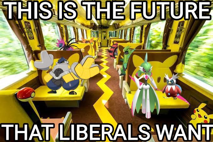 Iron Hands, Iron Valiant, Iron Bundle, Iron Jugulis, Iron Thorns, Iron Moth and Iron Threads sitting in the seats of a Pikachu themed bus with the caption "this is the future that liberals want"