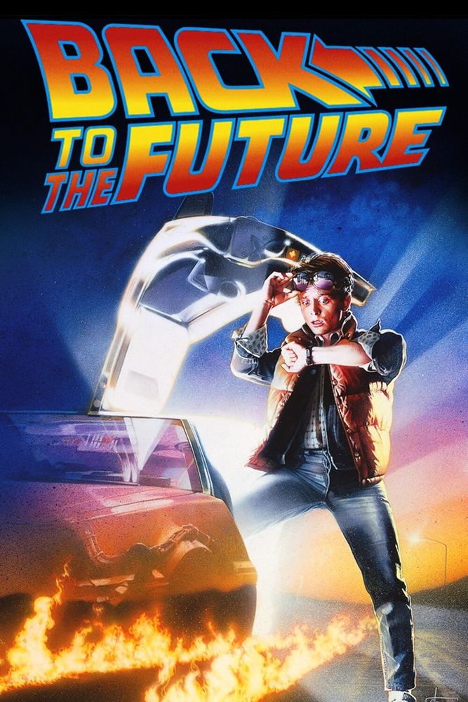 Movie poster for Back to the Future showing Michael J. Fox and a DeLorean.