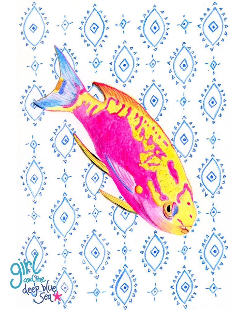 a drawing of a pink and yellow fish with blue and white details in the background