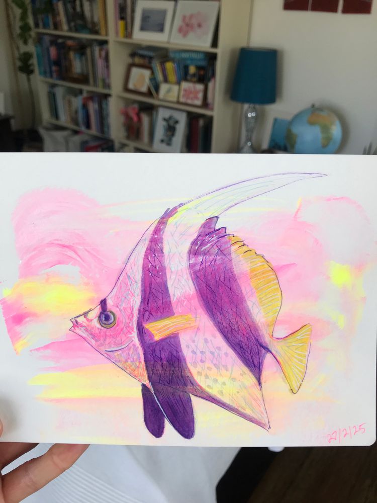 Sketchbook illustration of a tropical fish in colours of purple, yellow, pink & white