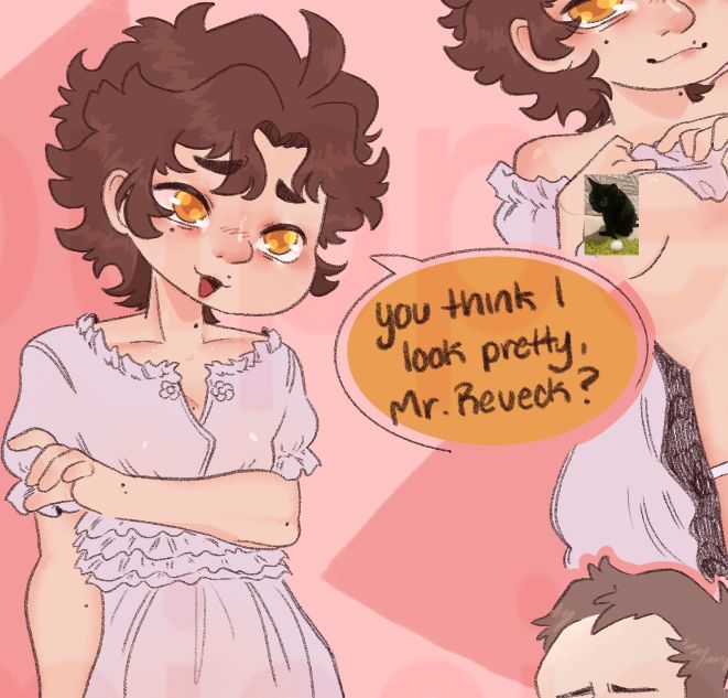 cropped drawing of shota viktor wearing singed’s daughter’s, orianna’s white dress. viktor has a happy and shy look on his face as he asks “you think i look pretty, mr. reveck?”