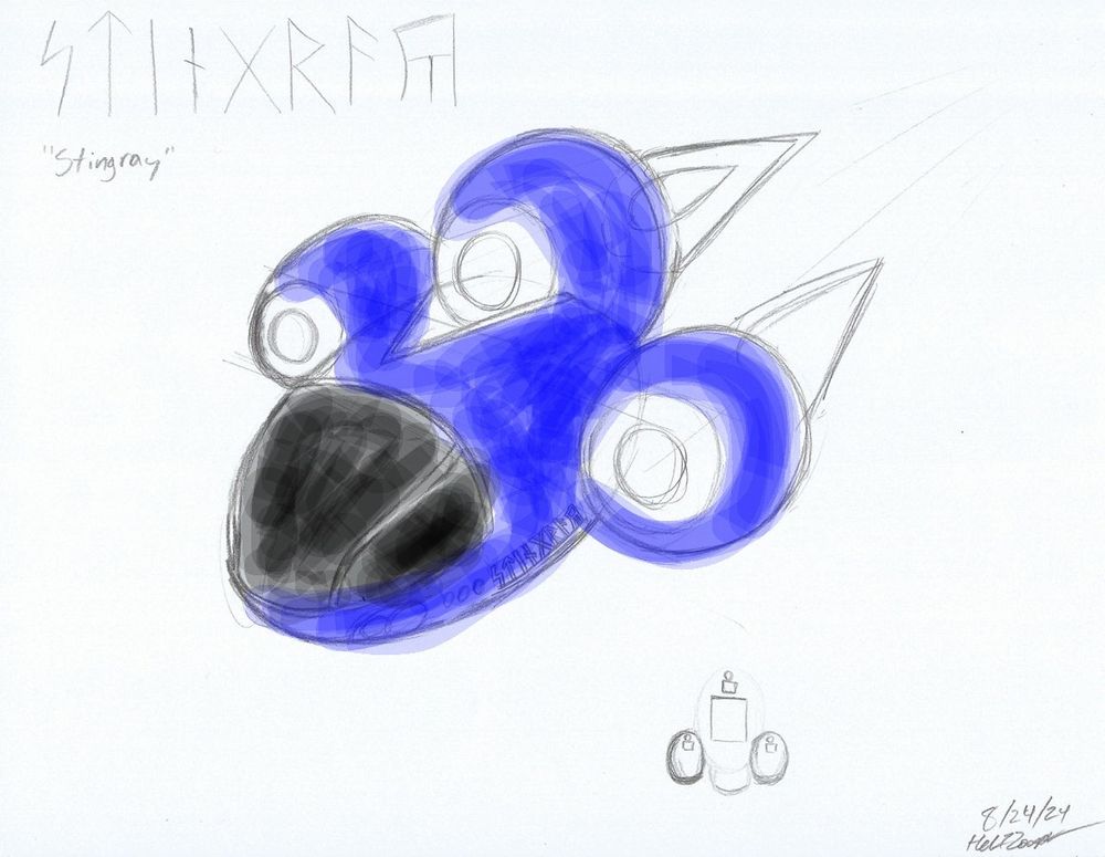 A drawing of my sona's spaceship, Stingray. I colored it with my phone's highlighter tool; it is blue with a black windshield.
