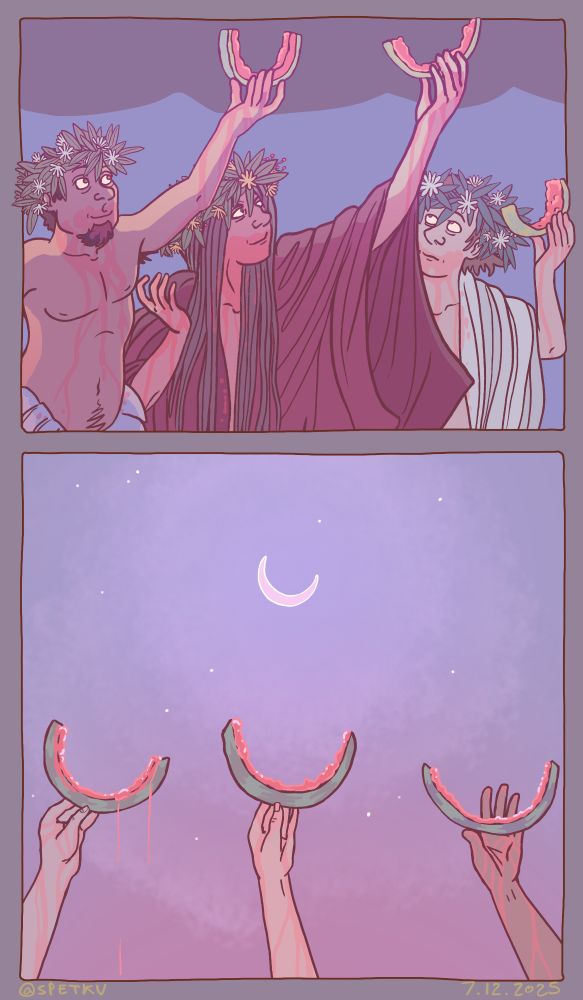 An illustrated comic of three humans garbed in bed sheets and crowns made from long feather-like leaves. Arms outstretched in offering to the crescent moon, devoured watermelon rinds also in the same crescent shape. They celebrate the middle of summer by enjoying fruit.