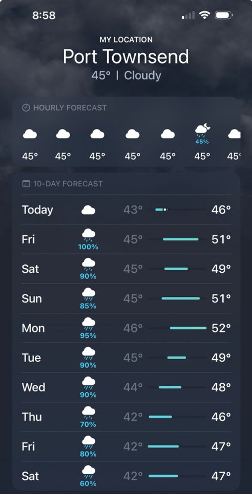A screenshot of the Apple iOS Weather app 10-day forecast for Port Townsend, WA showing 60-100% chances of rain for the next ten days.