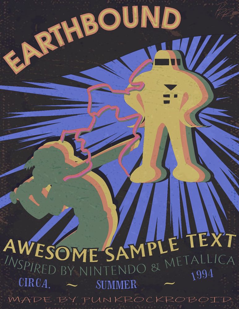 A vintage-style poster sample inspired by Earthbound and Metallica's 07/26/1994 concert poster alongside Alice in Chains and Suicidal Tendencies.