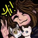 A drawing of Michii waving at the viewer, her two cats, Julian and Parm, in tow. The text 'Hi!' is visible on the top left corner. 