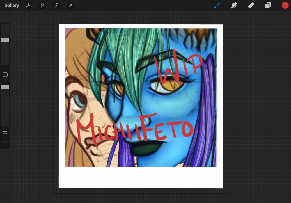 Drawing of a Polaroid with two characters faces present. One character stands in front of the other character, hiding the second character's face protectively.

Text on the drawing reads 'WIP MICHIIFETO'