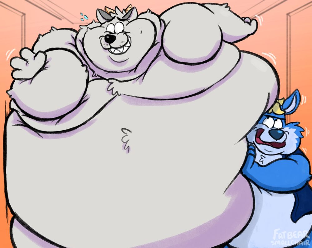 a fat furry wolf squeezes past a fat furry kangaroo in a hallway