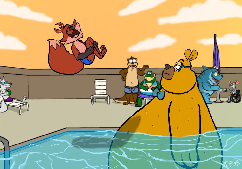 Professor Honey and Ted at the pool. Ted is canon-balling in. 