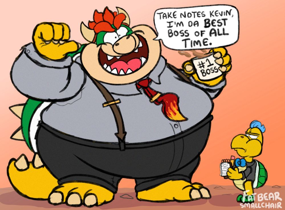 Wowser and Kevin standing in office taking notes. Bowser is big and brass, Kevin is small and professional. 