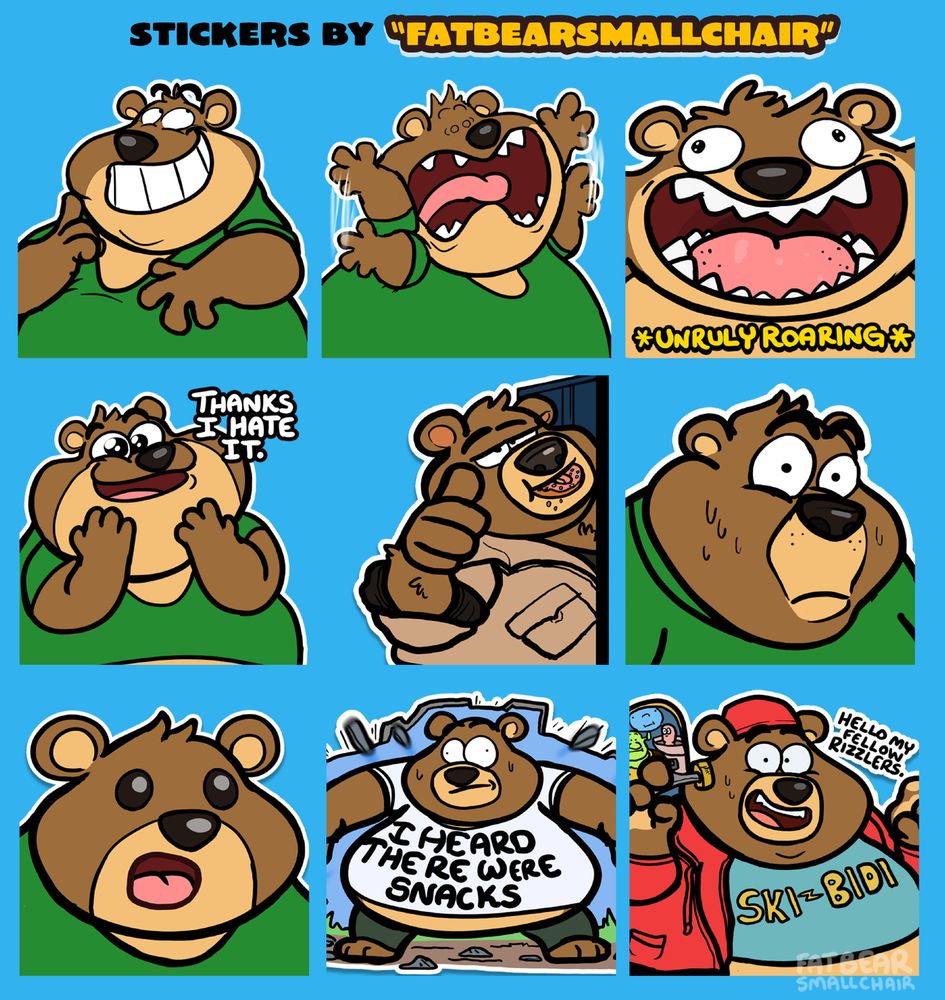 A set of fat cartoon bear stickers with various expressions