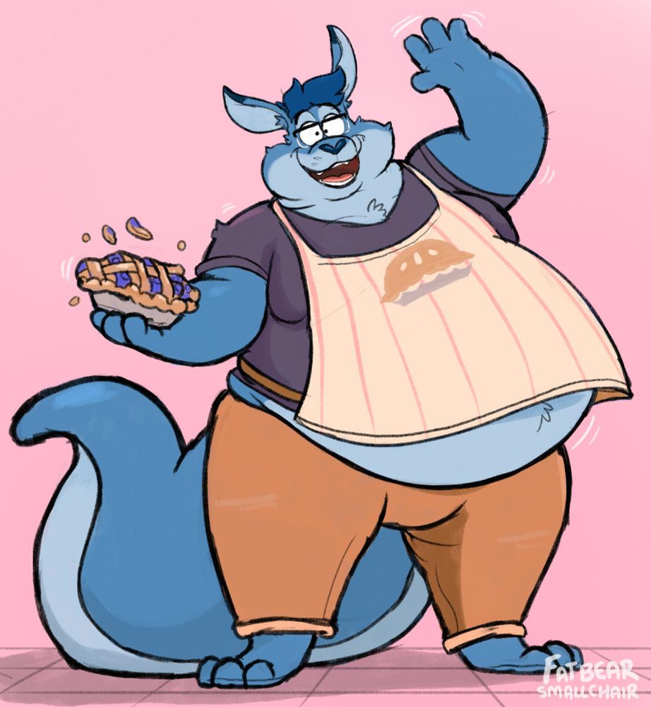 a fat furry kangaroo who is holding a pie and waving! 