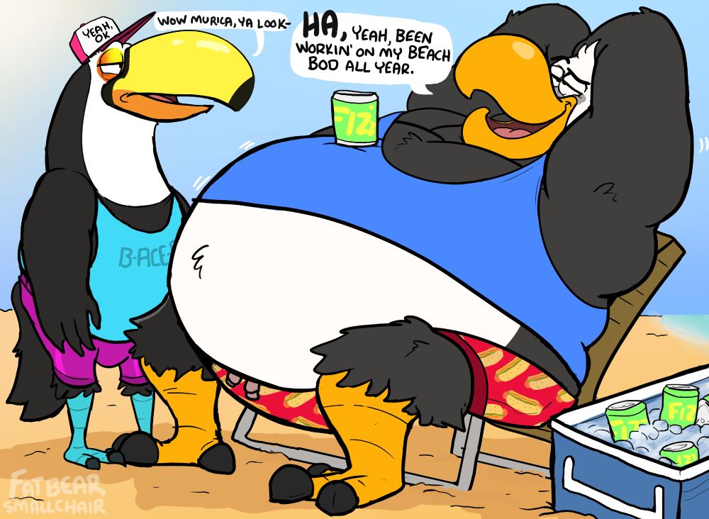 a furry toucan talking to a fat furry eagle who has been working on his beach bod all year