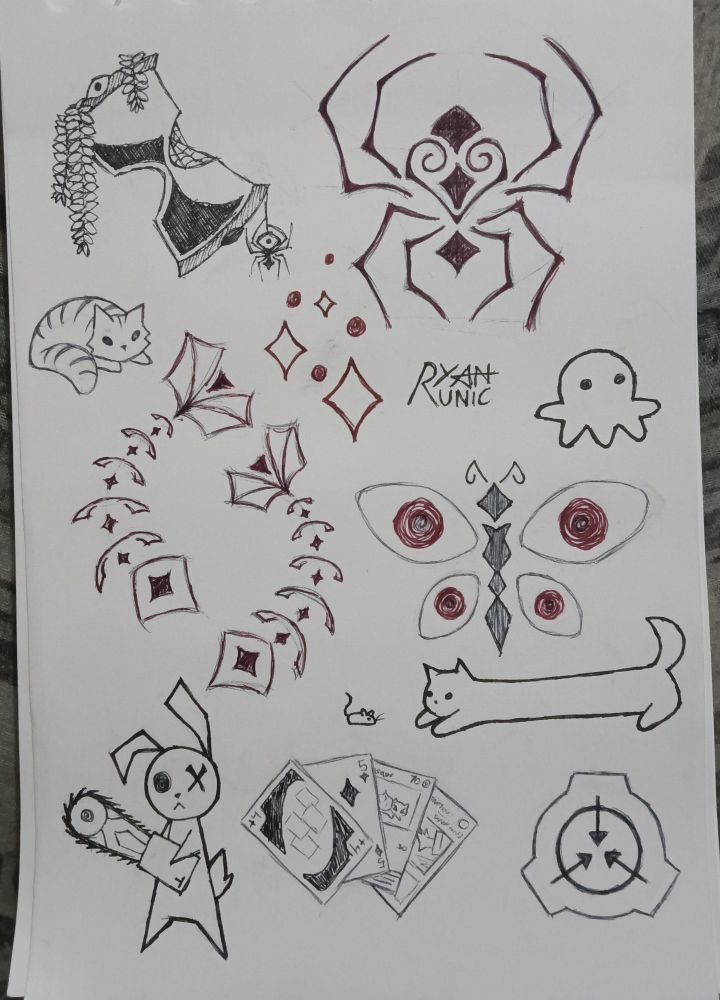Doodles of different things such as; an hourglass, cats, fish bones, creepy butterfly, spiders, octopus(?), bunny man, cards, and a completely normal logo. 
:)