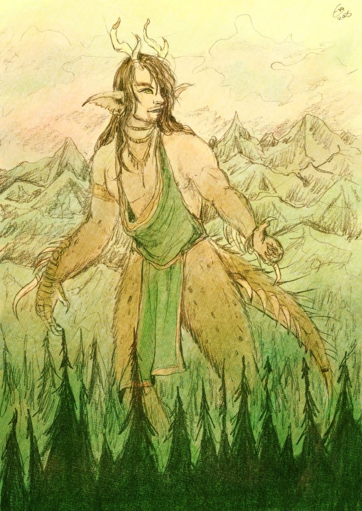 Art of a giant jotun in the forest landscape. 2025