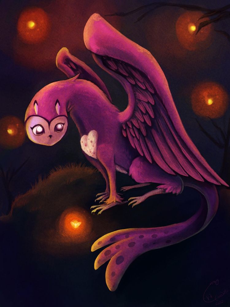 Fantasy Art of an owl dragon creature, drawn back in 2022.