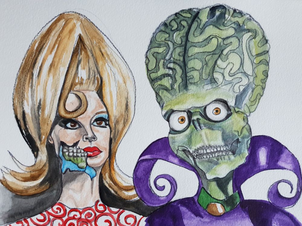 Painting of the bubblegum chewing Martian spy from Mars attacks and one of the Martians. The spy is a woman with large eyes and wearing very 60s eye make up, red lipstick, she has a very high hair do to hide her martian head and part of her Human skin has come off, revealing her Martian skull type features beneath. the Martian next to her is a skull face with a very large, bulbous cranium and large ball like eyes with small orange irises and black pupils. He is green and wearing a purple, high curly collared outfit