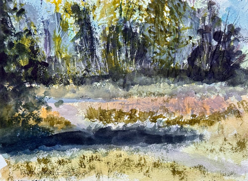 Watercolor painting of a grove of trees across a small grassland in mid summer