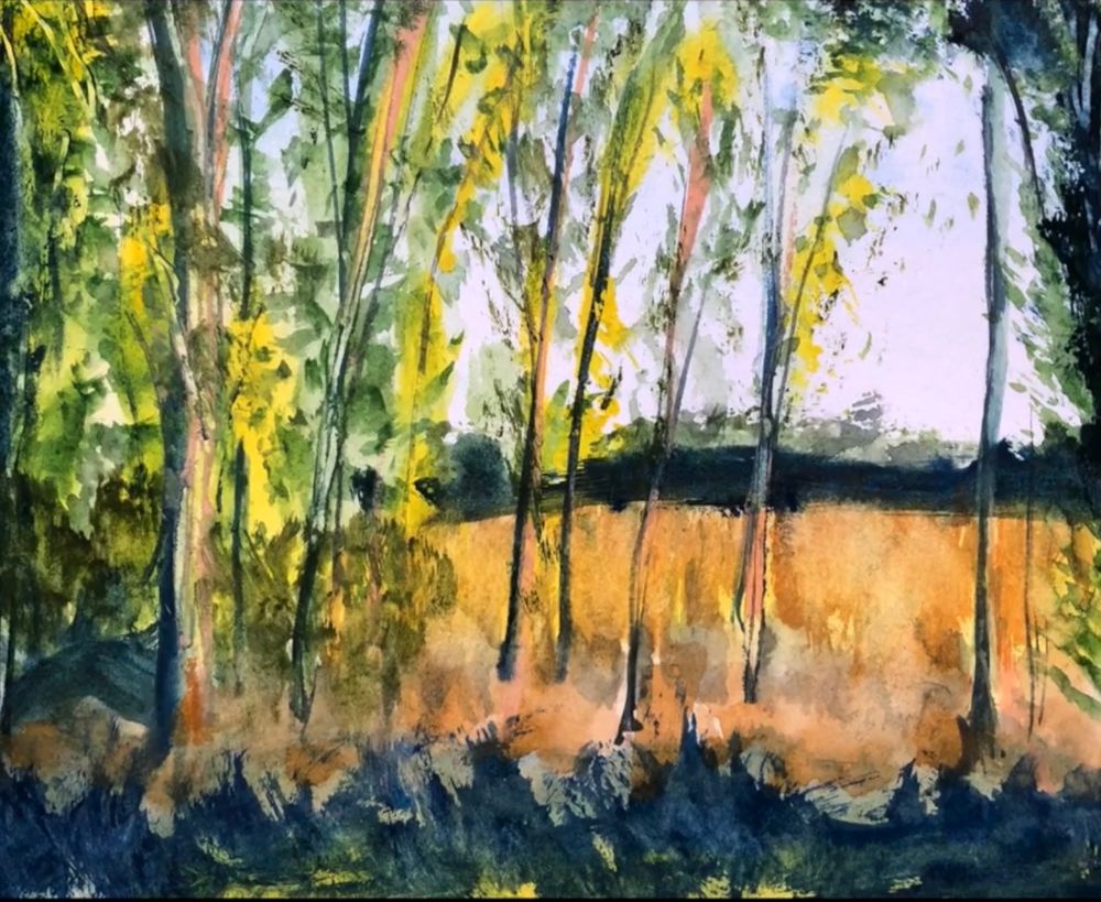 Watercolor painting of autumn trees and a dry meadow beyond.
