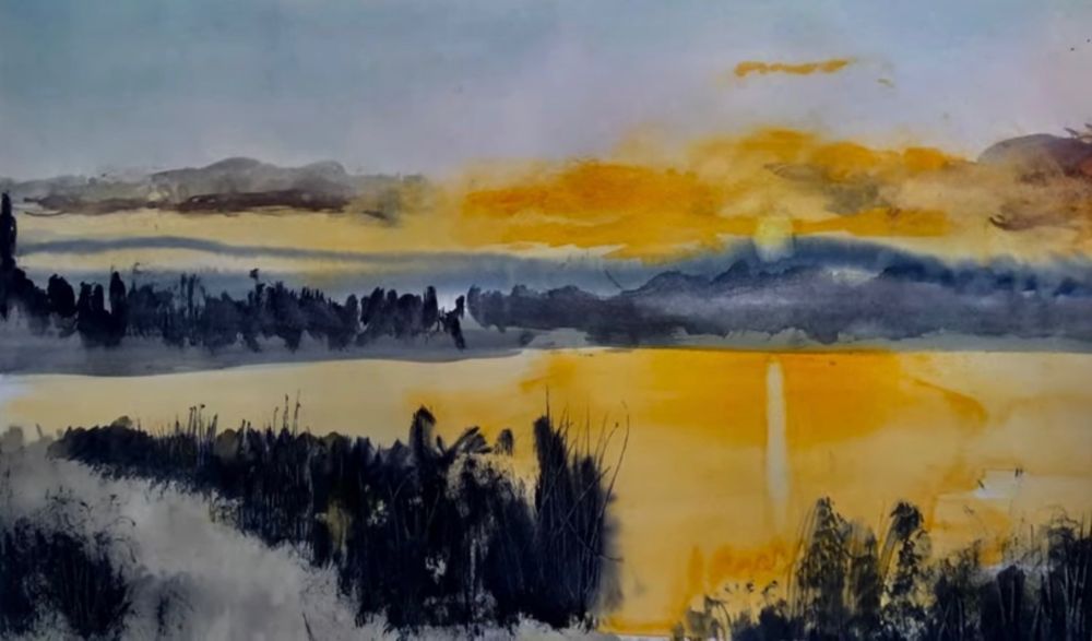 Acrylic painting of sunrise over a lake in late November.