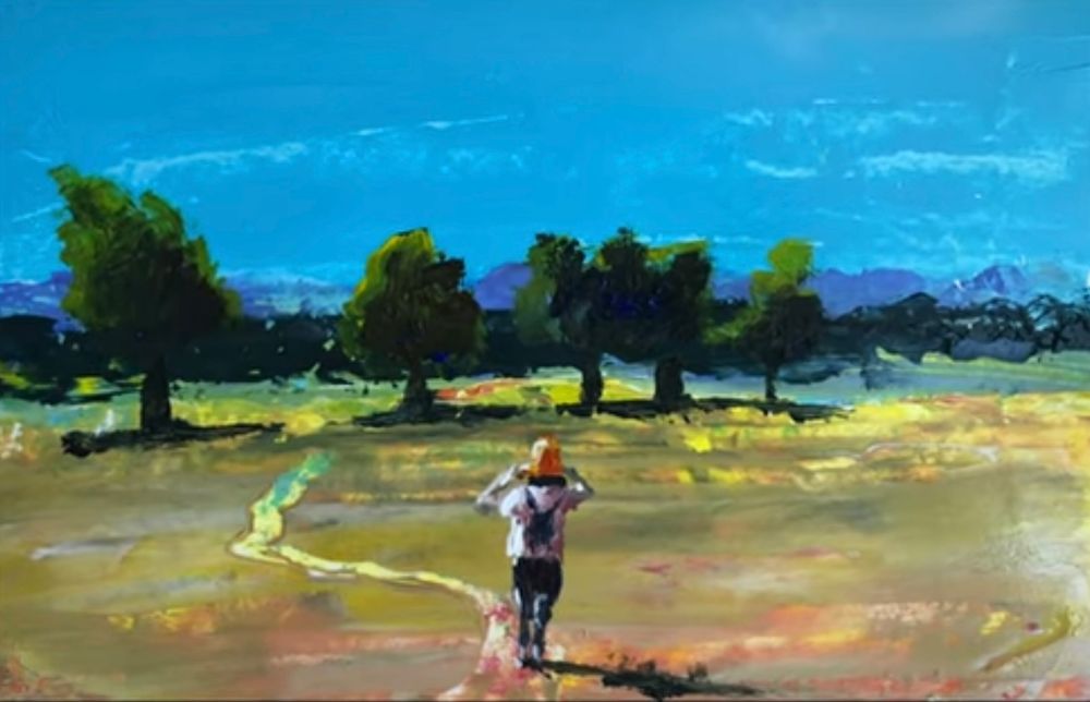 Acrylic landscape of the parade grounds at Discovery Park in Seattle. Olympic mountains in the distance as a woman walks away along a trail through the August grass. 