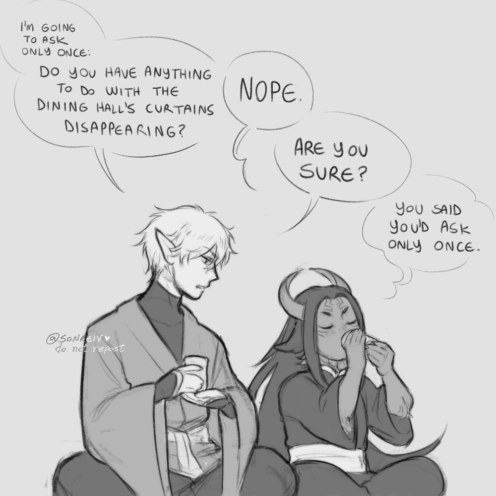 Later, Nio and Weifeng sit in tea break during training. Weifeng stares suspiciously at Nio, who drinks their tea with an undisturbed expression.

"I'm going to ask only once:", he says, "do you have anything to do with the dining hall's curtains disappearing?"
"Nope."
"Are you sure?"
"You said you'd ask only once."