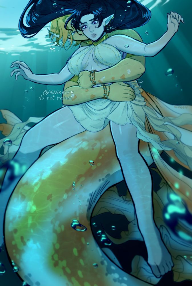An underwater scene where a merman tenderly holds a stunned elf girl from behind.
